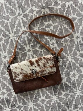 Myra Bag Brown Tooled Leather Crossbody with White & Brown Cowhide Flap